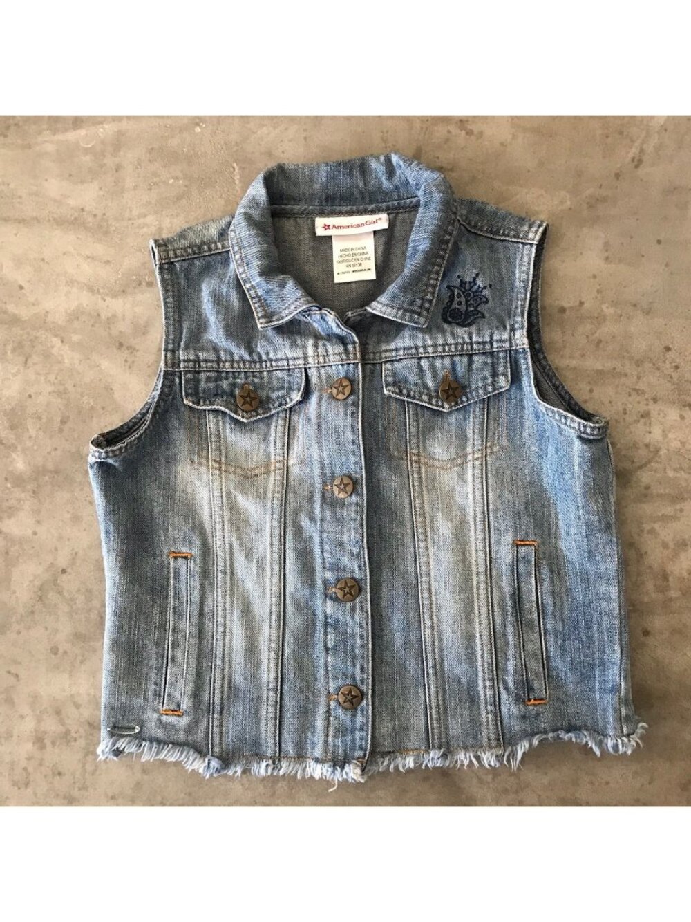 American Girl Big Girl Denim Jean Vest Medium 10 12 Fade Fringe Cowgirl Western